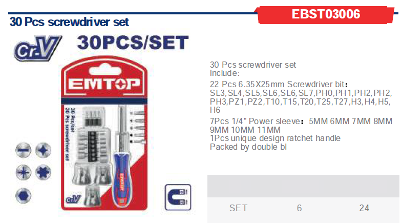 EBST03006 30 Pcs Ratchet Handle Screwdriver Set